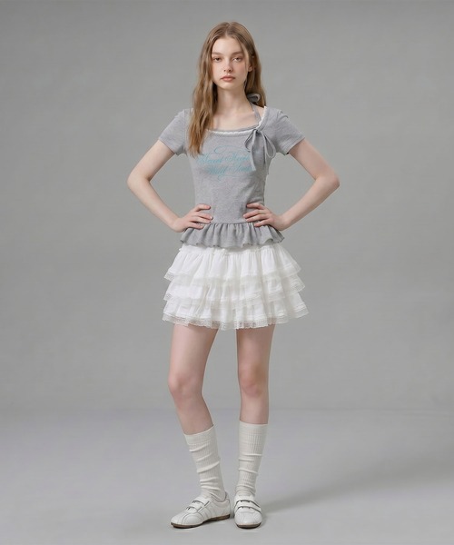 HOOK（フック）の「HOOK for girls ペプラムロゴプリントレイヤード風スクエアネック半袖トップス (SS)（その他トップス・レディース・グレー/オフホワイト・FREE）」の8枚目の写真