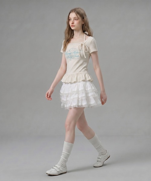 HOOK（フック）の「HOOK for girls ペプラムロゴプリントレイヤード風スクエアネック半袖トップス (SS)（その他トップス・レディース・グレー/オフホワイト・FREE）」の9枚目の写真