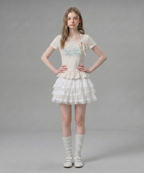 HOOK（フック）の「HOOK for girls ペプラムロゴプリントレイヤード風スクエアネック半袖トップス (SS)（その他トップス・レディース・グレー/オフホワイト・FREE）」の10枚目の写真