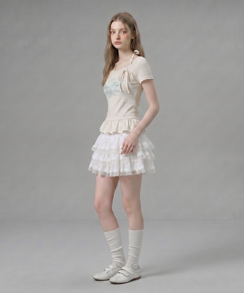 HOOK（フック）の「HOOK for girls ペプラムロゴプリントレイヤード風スクエアネック半袖トップス (SS)（その他トップス・レディース・グレー/オフホワイト・FREE）」の11枚目の写真