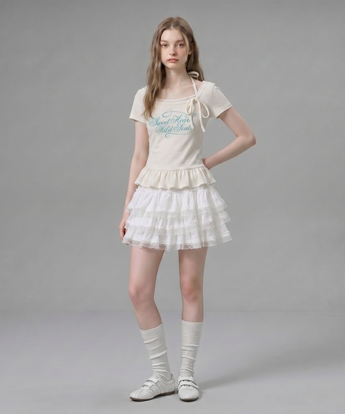 HOOK（フック）の「HOOK for girls ペプラムロゴプリントレイヤード風スクエアネック半袖トップス (SS)（その他トップス・レディース・グレー/オフホワイト・FREE）」の12枚目の写真