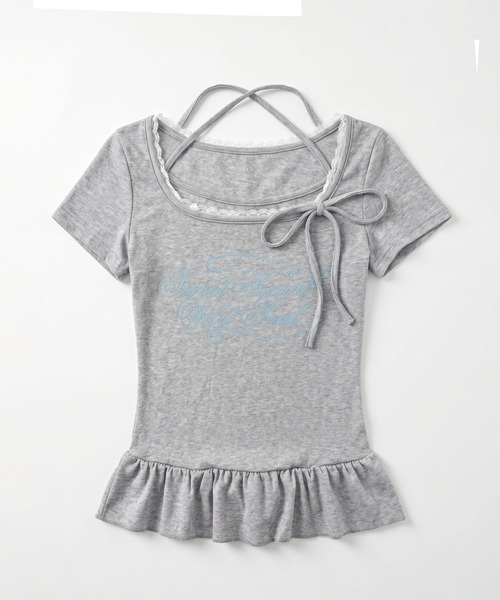 HOOK（フック）の「HOOK for girls ペプラムロゴプリントレイヤード風スクエアネック半袖トップス (SS)（その他トップス・レディース・グレー/オフホワイト・FREE）」の15枚目の写真