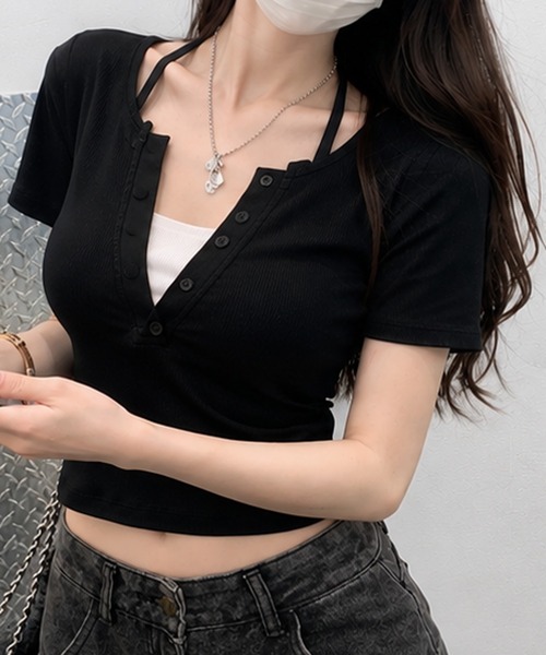 MEMECLE(メメクル)の「【 MEMECLE / メメクル 】レイヤード風 デザインネック半袖カットソー(Tシャツ/カットソー・レディース・グレー・SMALL/MEDIUM)」の8枚目の写真
