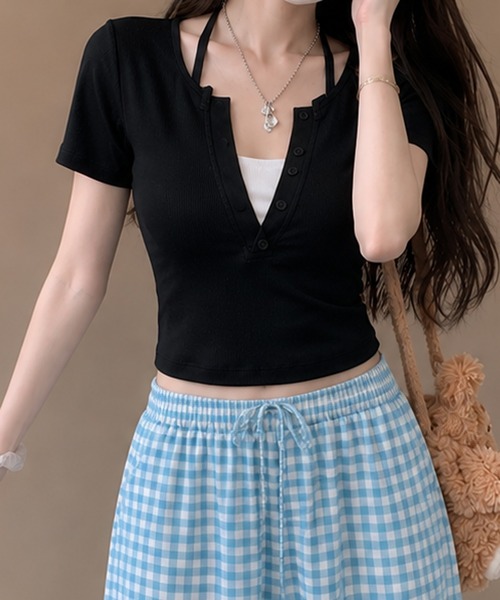 MEMECLE(メメクル)の「【 MEMECLE / メメクル 】レイヤード風 デザインネック半袖カットソー(Tシャツ/カットソー・レディース・グレー・SMALL/MEDIUM)」の2枚目の写真