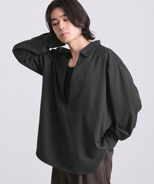 EMMA CLOTHES(エマクローズ)の「ハードツイスト長袖ヴァルーズシャツ(速乾 UV イージーケア)(シャツ/ブラウス・メンズ・グレイッシュベージュ/スミクロ/オフホワイト・S/M/L)」の7枚目の写真