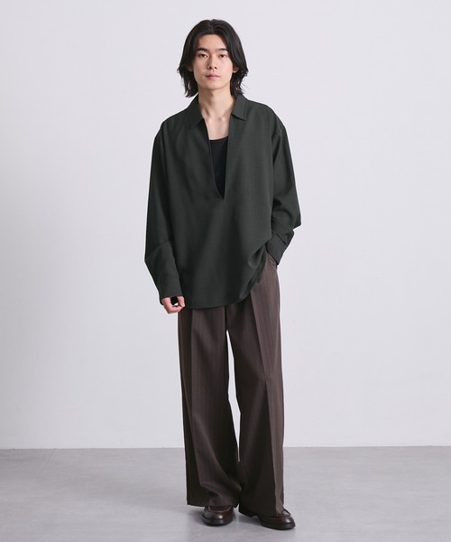 EMMA CLOTHES(エマクローズ)の「ハードツイスト長袖ヴァルーズシャツ(速乾 UV イージーケア)(シャツ/ブラウス・メンズ・グレイッシュベージュ/スミクロ/オフホワイト・S/M/L)」の12枚目の写真