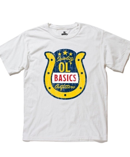 Ol' Basics(オールベーシックス)の「Ol' Basics(オール・ベーシックス) 半袖Tシャツ ヴィンテージライク ガーメントダイ ホースシューイラスト ひび割れ クラックプリント Tシャツ 半袖 トップス カットソー アメカジ カジュアル レディース ユニセックス(Tシャツ/カットソー・レディース・ホワイト/レッド系/スミクロ/ブルー系・S)」の1枚目の写真