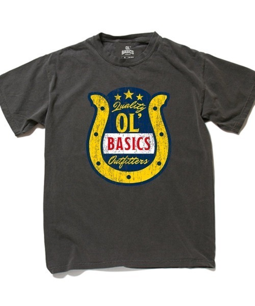 Ol' Basics(オールベーシックス)の「Ol' Basics(オール・ベーシックス) 半袖Tシャツ ヴィンテージライク ガーメントダイ ホースシューイラスト ひび割れ クラックプリント Tシャツ 半袖 トップス カットソー アメカジ カジュアル レディース ユニセックス(Tシャツ/カットソー・レディース・ホワイト/レッド系/スミクロ/ブルー系・S)」の2枚目の写真