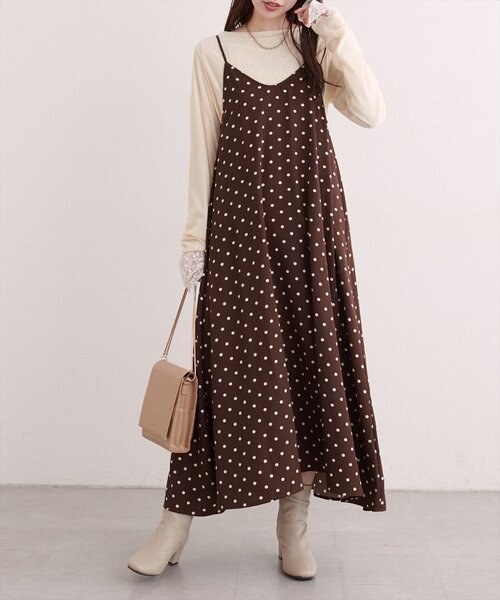 natural couture（ナチュラルクチュール）の「リボン付きドットキャミワンピース（ワンピース・レディース・ブラウン/ブラック・FREE）」の13枚目の写真