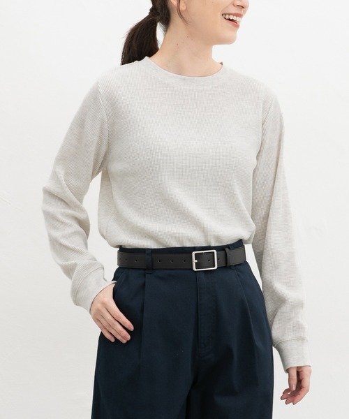 Honeys(ハニーズ)の「ワッフルTシャツ(Tシャツ/カットソー・レディース・杢グレー/オートミール/ブラック/キャメル/カーキ/ベージュ・S/M/LL/L)」の1枚目の写真