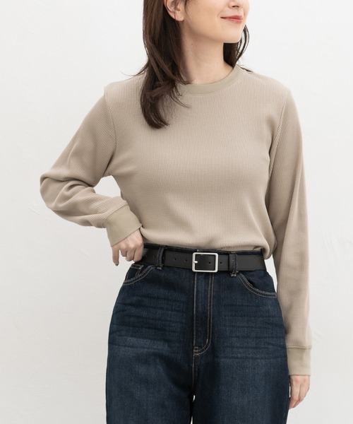 Honeys(ハニーズ)の「ワッフルTシャツ(Tシャツ/カットソー・レディース・杢グレー/オートミール/ブラック/キャメル/カーキ/ベージュ・S/M/LL/L)」の4枚目の写真