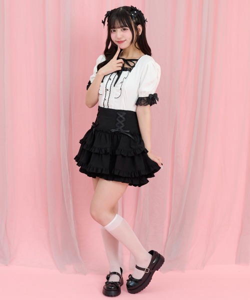 Secret Honey(シークレットハニー)の「半袖ヨークピンタックフリルカットソー(Tシャツ/カットソー・レディース・オフホワイト/ブラック・FREE)」の3枚目の写真