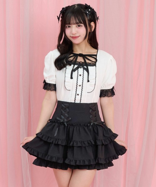 Secret Honey(シークレットハニー)の「半袖ヨークピンタックフリルカットソー(Tシャツ/カットソー・レディース・オフホワイト/ブラック・FREE)」の4枚目の写真