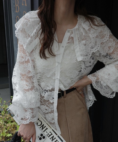 WILLFULLY(ウィルフリー)の「scallop all over lace candy sleeve BL(シャツ/ブラウス・レディース・サックスブルー/ホワイト/ブラウン・FREE)」の7枚目の写真