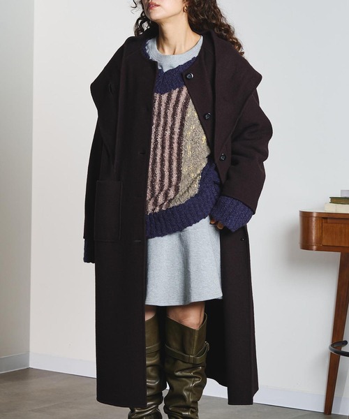 ROSE BUD(ローズバッド)の「SCARF LONG COAT(ノーカラーコート・レディース・グレー/ブラウン・M/S)」の2枚目の写真
