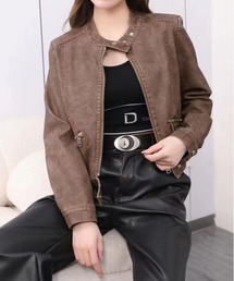 ノーカラーベルトデザインデニムジャケット
