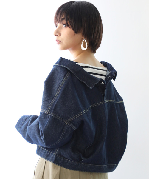 classicalelf（クラシカルエルフ）の「ボタン留め・抜き襟風ビッグシルエット無地デニムジャケット（デニムジャケット・レディース・インディゴブルー/ブルー・SMALL/MEDIUM/LARGE）」の6枚目の写真