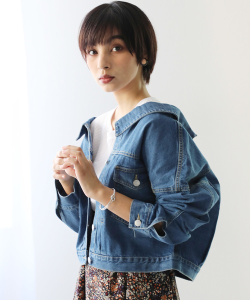 classicalelf（クラシカルエルフ）の「ボタン留め・抜き襟風ビッグシルエット無地デニムジャケット（デニムジャケット・レディース・インディゴブルー/ブルー・SMALL/MEDIUM/LARGE）」の7枚目の写真