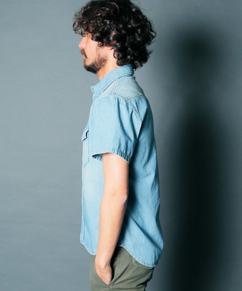 Magine（マージン）の「【Magine】6.5OZ SHAVING DENIM SHIRTS S/S : シェービングデニムシャツ（シャツ/ブラウス・メンズ・ライトブルー/インディゴブルー・44/46/48）」の7枚目の写真