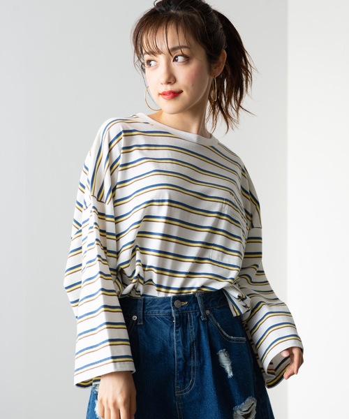 WEGO（ウィゴー）の「WEGO/マルチボーダー5分袖Tシャツ（Tシャツ/カットソー・メンズ・ホワイト系その他5/ブルー系その他5/ベージュ系その他5・MEDIUM/LARGE）」の2枚目の写真