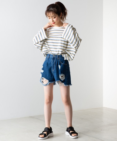 WEGO（ウィゴー）の「WEGO/マルチボーダー5分袖Tシャツ（Tシャツ/カットソー・メンズ・ホワイト系その他5/ブルー系その他5/ベージュ系その他5・MEDIUM/LARGE）」の5枚目の写真