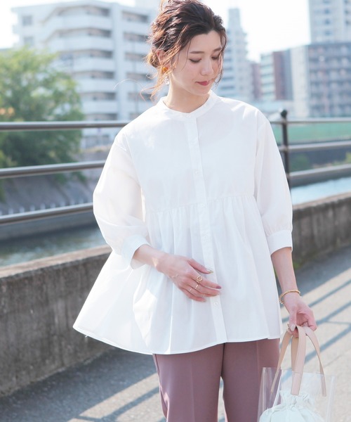 reca（レカ）の「バンドカラーボリューム袖ギャザーフレアシャツ（シャツ/ブラウス・レディース・グリーン系その他/オフホワイト/ブラック/ベージュ・L/M）」の2枚目の写真