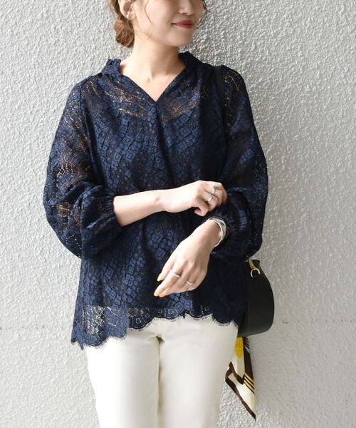 THREE SQUARE レースブラウス ネイビー THREE SQUARE レースブラウス ネイビー