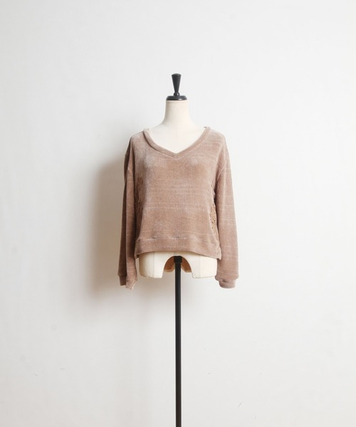 tocco closet(トッコ クローゼット)の「フラワーレース装飾Vネックトップス×フレアスカートのモールニットソーセットアップ(ワンピース・レディース・グレー系その他/ブラウン系その他・M)」の7枚目の写真