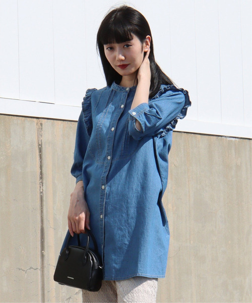 VENCEEXCHANGE（ヴァンスエクスチェンジ）の「デニムピンタックフリルシャツ（シャツ/ブラウス・レディース・ブルー/オフホワイト/ブラック・M）」の12枚目の写真