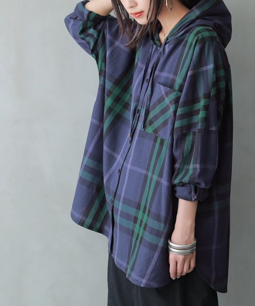 osharewalker（オシャレウォーカー）の「【廃盤】『チェック柄フーディーシャツ』（パーカー・レディース・ネイビー/レッド・FREE）」の14枚目の写真