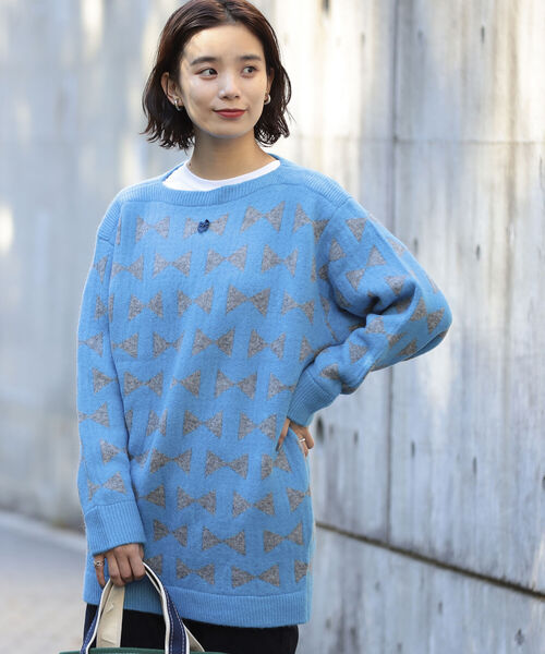 BEAMS BOY(ビームスボーイ)の「BEAMS BOY / 7ゲージ リボン ジャカード ニット(ニット/セーター・レディース・ブラック/サックスブルー・ONE SIZE)」の2枚目の写真