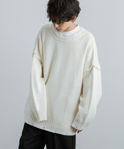 Rocky Monroe（ロッキーモンロー）の「ダメージ加工 ビッグシルエット マルチウェイニット ルーズカーディガン ベスト（カーディガン/ボレロ・メンズ・オフホワイト/ブルーグレー/ブラウン/ベージュ/ブラック・M/L）」の6枚目の写真