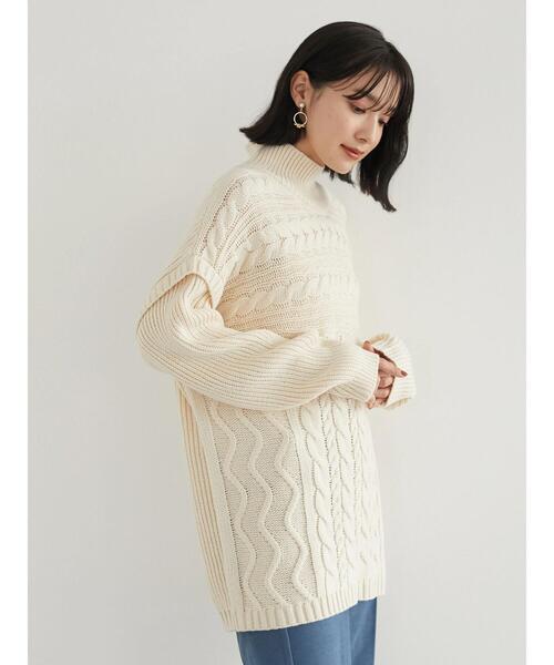 Green　Parks（グリーンパークス）の「・novem 9 ケーブルキリカエチュニック＊（ニット/セーター・レディース・グリーン/ブルーグリーン/アイボリー/ベージュ/チャコールグレー・FREE）」の6枚目の写真