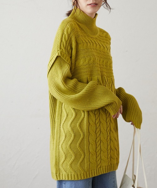 Green　Parks（グリーンパークス）の「・novem 9 ケーブルキリカエチュニック＊（ニット/セーター・レディース・グリーン/ブルーグリーン/アイボリー/ベージュ/チャコールグレー・FREE）」の4枚目の写真