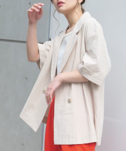 CORNERS（コーナーズ）の「リネンライク半袖ジャケット【セットアップ可能】（テーラードジャケット・レディース・ライトベージュ/ブラック/ライトグリーン/モカ・M）」の12枚目の写真