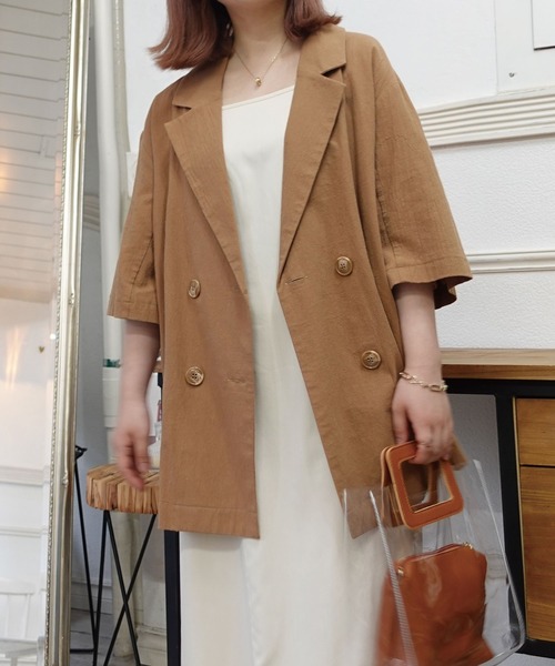 CORNERS（コーナーズ）の「リネンライク半袖ジャケット【セットアップ可能】（テーラードジャケット・レディース・ライトベージュ/ブラック/ライトグリーン/モカ・M）」の18枚目の写真