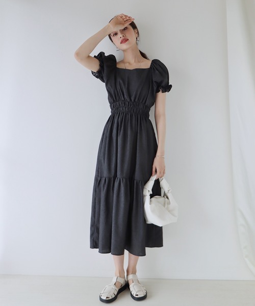 BLUEEAST(ブルーイースト)の「2WAYオフショルダー花柄&デニムワンピース(ワンピース・レディース・ネイビー/ブラック/イエロー/グレイッシュベージュ/グレー/ミント/グリーン系/ベージュ系/ブラック系・MEDIUM)」の10枚目の写真