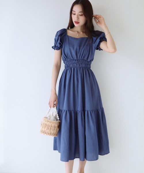 BLUEEAST(ブルーイースト)の「2WAYオフショルダー花柄&デニムワンピース(ワンピース・レディース・ネイビー/ブラック/イエロー/グレイッシュベージュ/グレー/ミント/グリーン系/ベージュ系/ブラック系・MEDIUM)」の14枚目の写真
