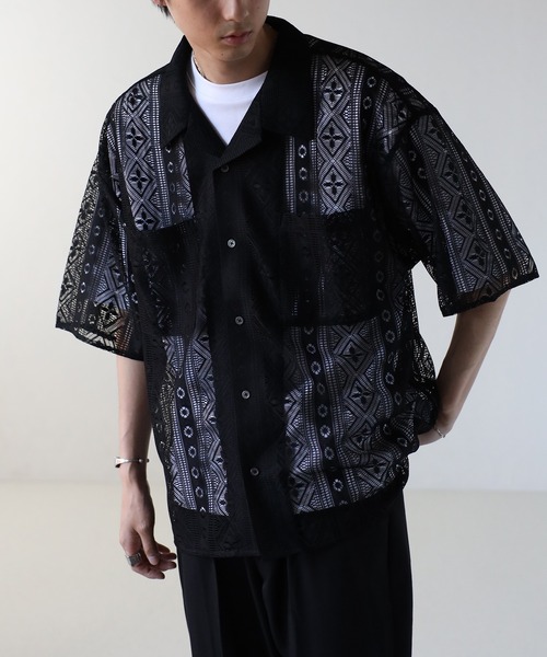 CREARE -LINO-(クレアーレリノ)の「総柄 オーバーサイズ ルーズ レースシャツ<ユニセックス>(シャツ/ブラウス・メンズ・オフホワイト/ブラック/ホワイト系その他/ブラック系その他・S/M/L)」の14枚目の写真