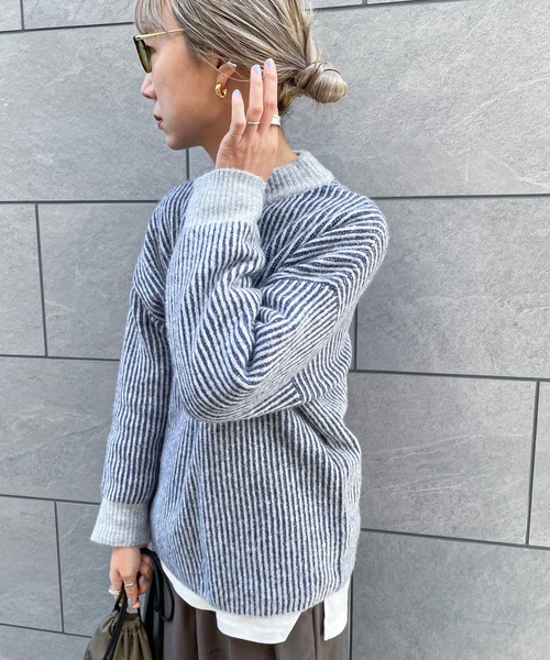 feepur(フェピュール)の「【ハンドウォッシャブル】バイカラーストライプモックネックニット(ニット/セーター・レディース・ブラック/グレー/オフホワイト/オレンジ・MEDIUM)」の4枚目の写真