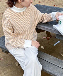 feepur | 【ハンドウォッシャブル】バイカラーストライプモックネックニット(ニット/セーター)