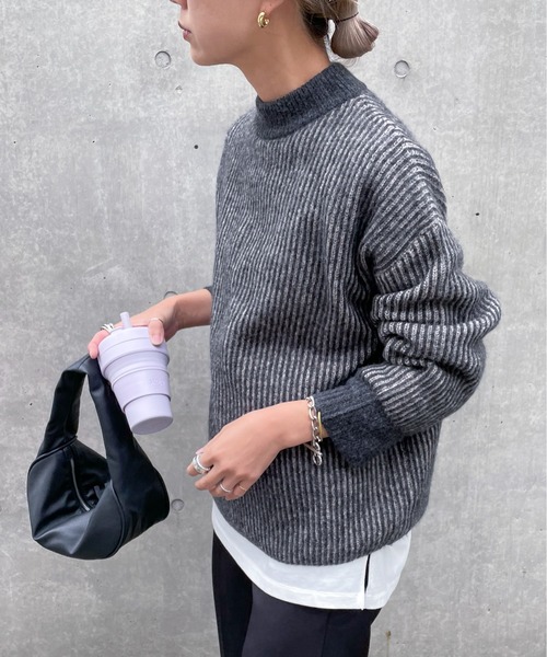 feepur(フェピュール)の「【ハンドウォッシャブル】バイカラーストライプモックネックニット(ニット/セーター・レディース・ブラック/グレー/オフホワイト/オレンジ・MEDIUM)」の3枚目の写真