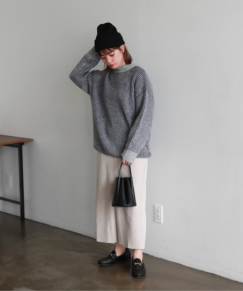 feepur(フェピュール)の「【ハンドウォッシャブル】バイカラーストライプモックネックニット(ニット/セーター・レディース・ブラック/グレー/オフホワイト/オレンジ・MEDIUM)」の5枚目の写真