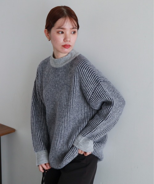 feepur(フェピュール)の「【ハンドウォッシャブル】バイカラーストライプモックネックニット(ニット/セーター・レディース・ブラック/グレー/オフホワイト/オレンジ・MEDIUM)」の9枚目の写真