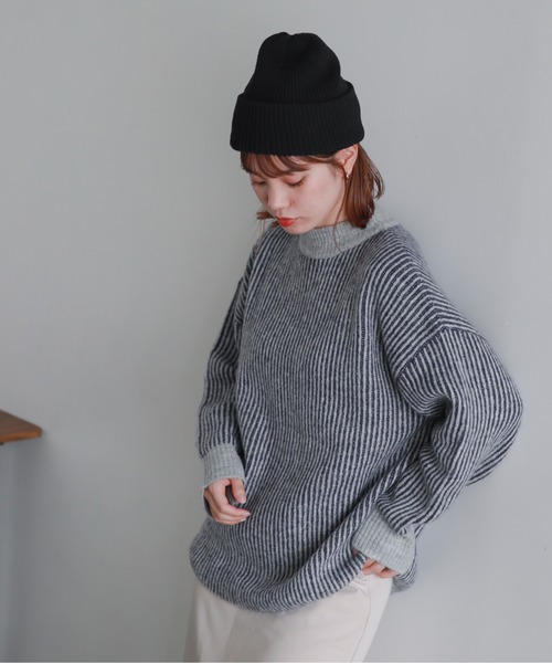 feepur(フェピュール)の「【ハンドウォッシャブル】バイカラーストライプモックネックニット(ニット/セーター・レディース・ブラック/グレー/オフホワイト/オレンジ・MEDIUM)」の8枚目の写真