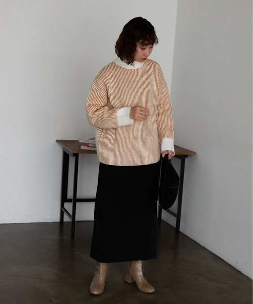 feepur(フェピュール)の「【ハンドウォッシャブル】バイカラーストライプモックネックニット(ニット/セーター・レディース・ブラック/グレー/オフホワイト/オレンジ・MEDIUM)」の16枚目の写真