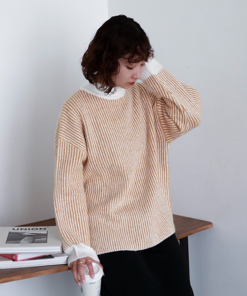 feepur(フェピュール)の「【ハンドウォッシャブル】バイカラーストライプモックネックニット(ニット/セーター・レディース・ブラック/グレー/オフホワイト/オレンジ・MEDIUM)」の18枚目の写真