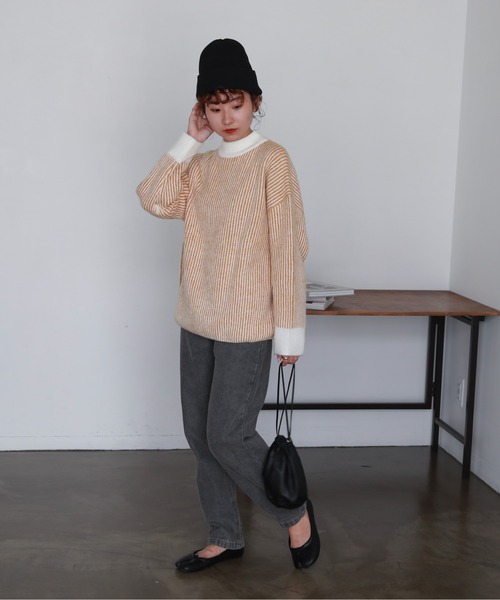 feepur(フェピュール)の「【ハンドウォッシャブル】バイカラーストライプモックネックニット(ニット/セーター・レディース・ブラック/グレー/オフホワイト/オレンジ・MEDIUM)」の21枚目の写真