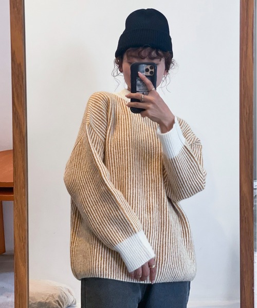 feepur(フェピュール)の「【ハンドウォッシャブル】バイカラーストライプモックネックニット(ニット/セーター・レディース・ブラック/グレー/オフホワイト/オレンジ・MEDIUM)」の19枚目の写真