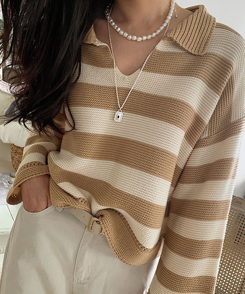 NANING9（ナンニング）の「NANING9 ワイドボーダールーズニット（ニット/セーター・レディース・ベージュ/ネイビー/グリーン・FREE）」の2枚目の写真